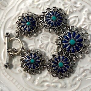 Lucky Brand Turquoise Blue Flower Medallion Silver Tone Bohemian Bracelet